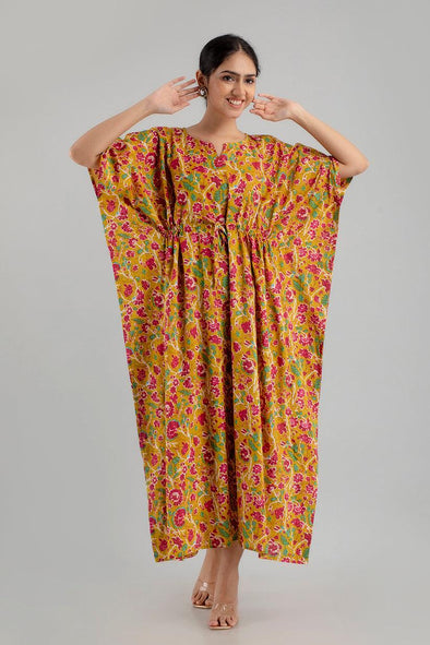 Yellow Floral Print Pure Cotton Kaftan Maxi Ethnic Dress - SHKUP1251