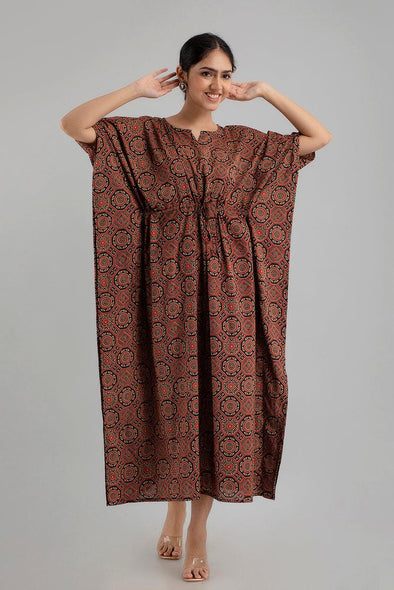 Multicolor Floral Print Pure Cotton Kaftan Maxi Ethnic Dress - SHKUP1252 - Frionkandy