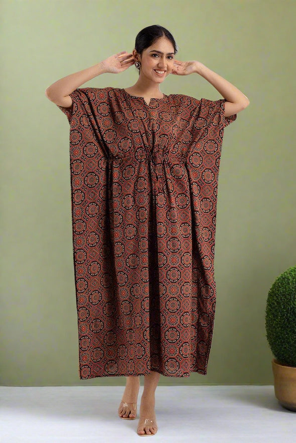 Multicolor Floral Print Pure Cotton Kaftan Maxi Ethnic Dress - SHKUP1252 - Frionkandy