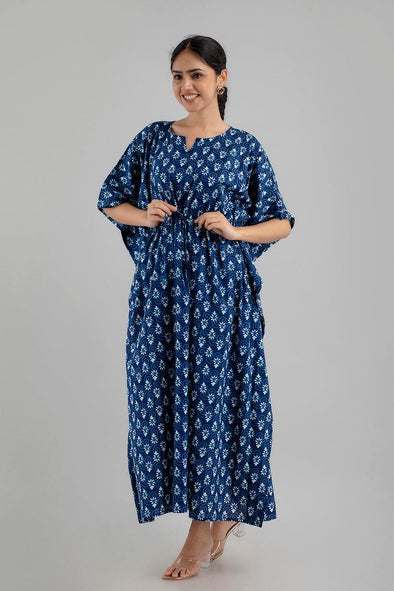 Blue Floral Print Pure Cotton Kaftan Maxi Ethnic Dress - SHKUP1253