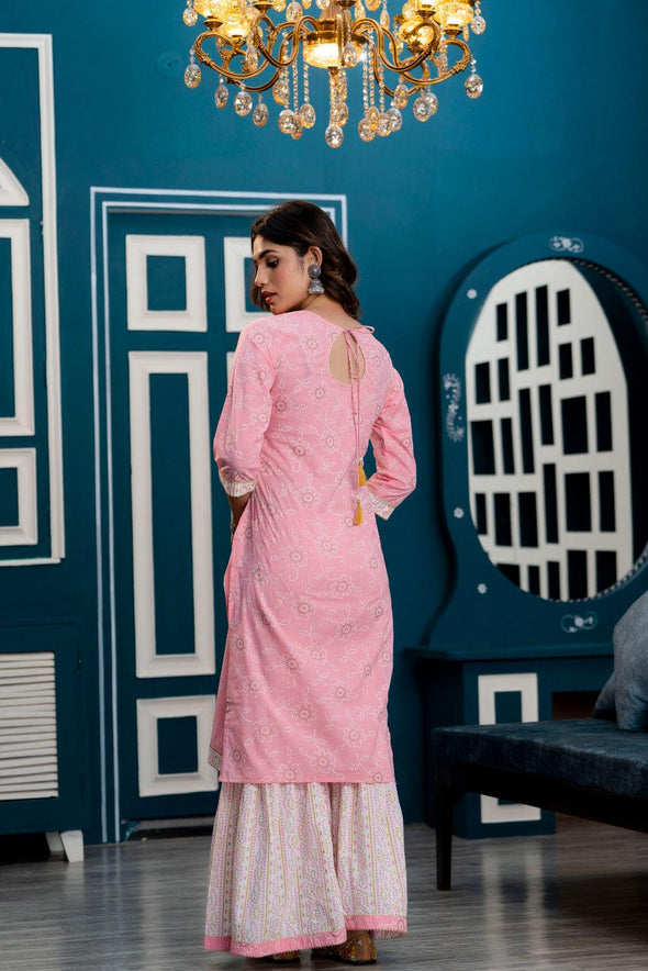 Women Pink Bandhani Printed Kurta with Sharara & Dupatta