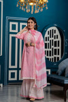 Women Pink Bandhani Printed Kurta with Sharara & Dupatta - Frionkandy