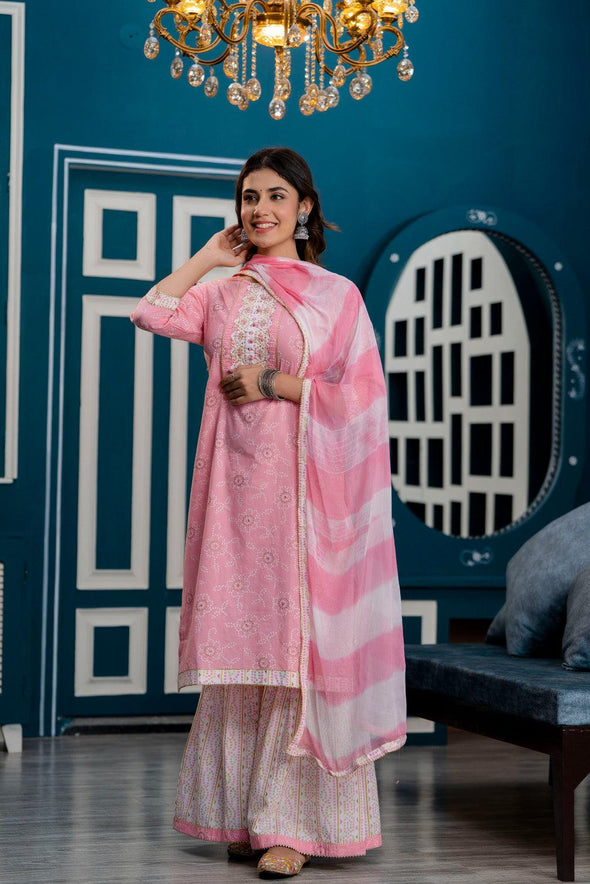 Women Pink Bandhani Printed Kurta with Sharara & Dupatta