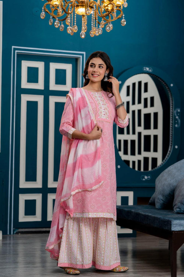 Women Pink Bandhani Printed Kurta with Sharara & Dupatta - Frionkandy