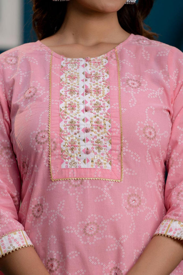 Women Pink Bandhani Printed Kurta with Sharara & Dupatta