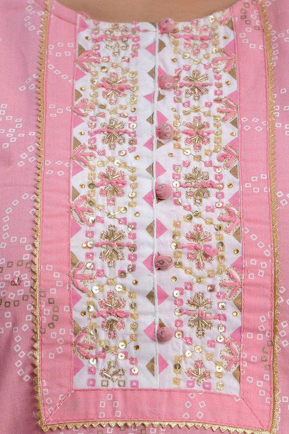 Women Pink Bandhani Printed Kurta with Sharara & Dupatta - Frionkandy
