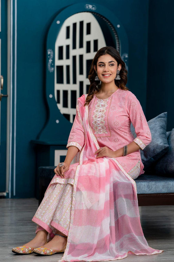 Women Pink Bandhani Printed Kurta with Sharara & Dupatta