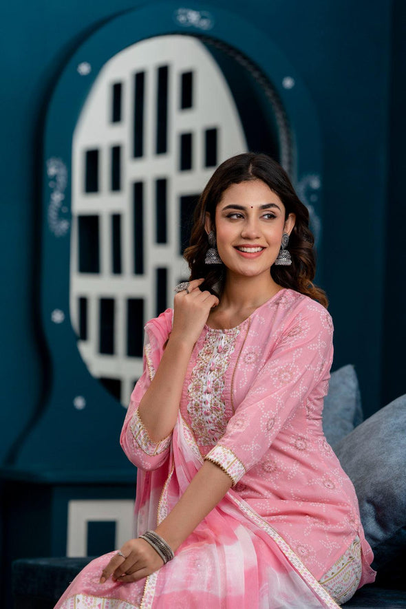 Women Pink Bandhani Printed Kurta with Sharara & Dupatta