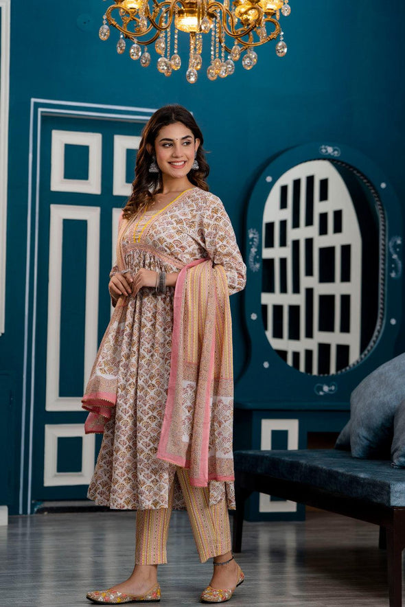 Women Pink Ethnic Motifs Printed Thread Work Kurta with Trousers & Dupatta