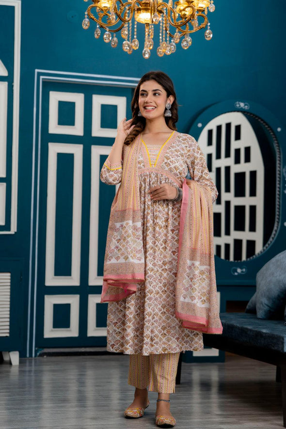 Women Pink Ethnic Motifs Printed Thread Work Kurta with Trousers & Dupatta
