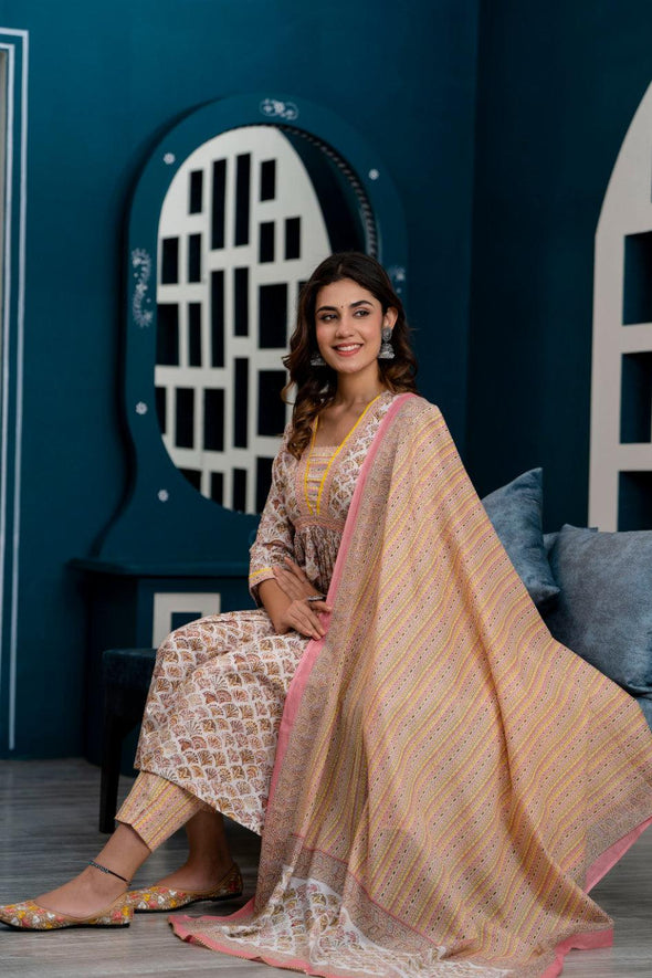 Women Pink Ethnic Motifs Printed Thread Work Kurta with Trousers & Dupatta