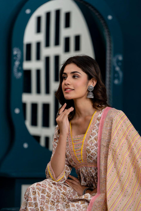 Women Pink Ethnic Motifs Printed Thread Work Kurta with Trousers & Dupatta