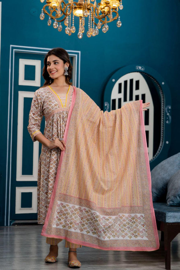 Women Pink Ethnic Motifs Printed Thread Work Kurta with Trousers & Dupatta