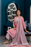 Women Pink Floral Printed Sequin Work Kurta with Palazzos & Dupatta - Frionkandy