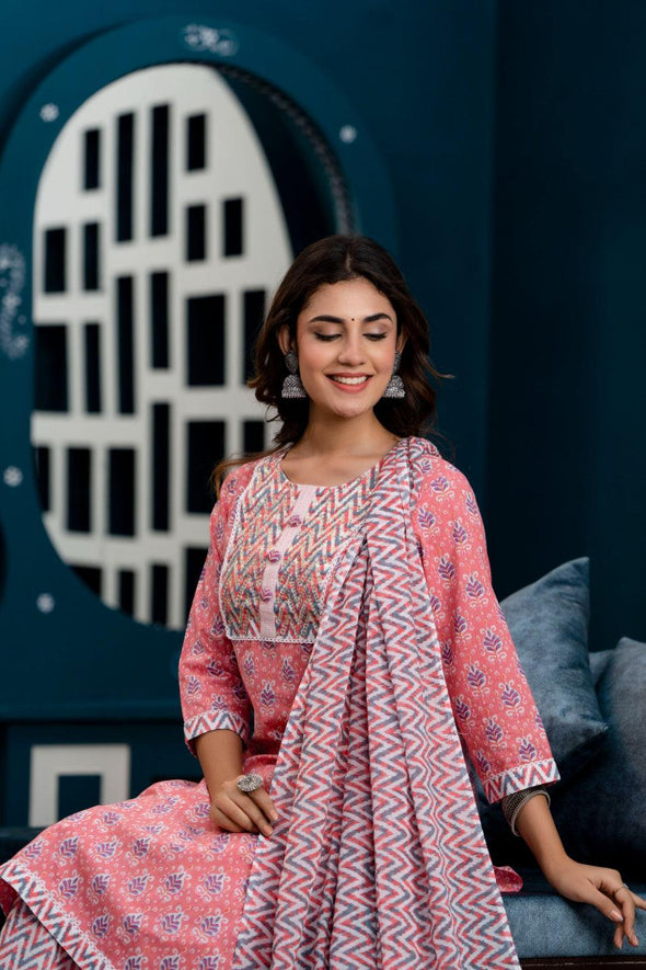 Women Pink Floral Printed Sequin Work Kurta with Palazzos & Dupatta