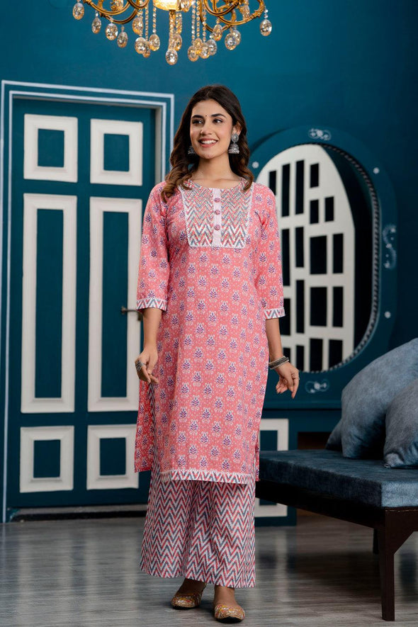 Women Pink Floral Printed Sequin Work Kurta with Palazzos & Dupatta - Frionkandy