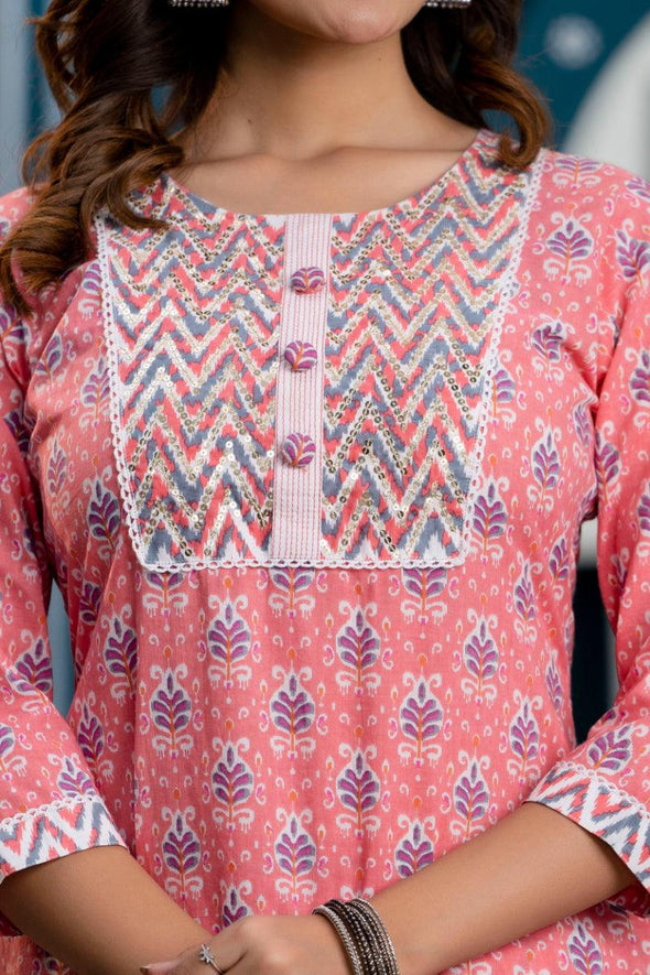 Women Pink Floral Printed Sequin Work Kurta with Palazzos & Dupatta
