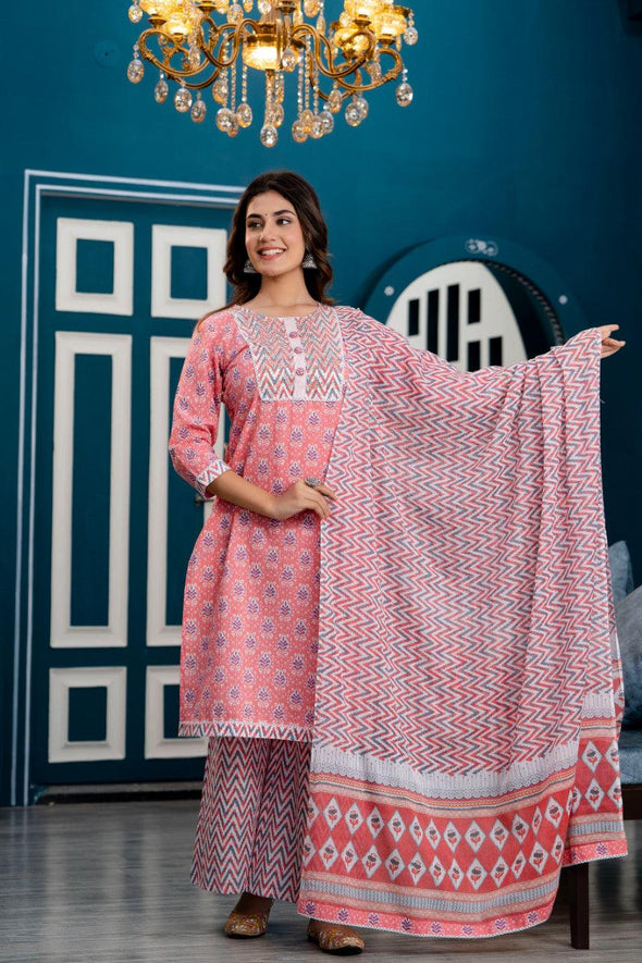 Women Pink Floral Printed Sequin Work Kurta with Palazzos & Dupatta
