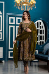 Women Dark Green Floral Embroidered Anarkali Kurta with Trousers & Dupatta