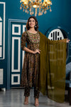 Women Dark Green Floral Embroidered Anarkali Kurta with Trousers & Dupatta