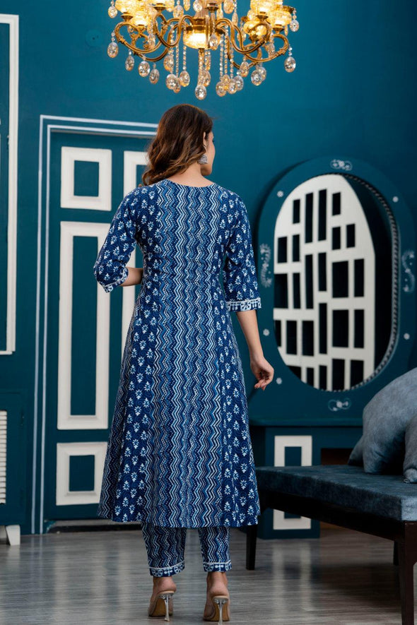 Women Indigo Blue Ethnic Motifs Printed Anarkali Kurta with Trousers & Dupatta