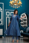 Women Indigo Blue Ethnic Motifs Printed Anarkali Kurta with Trousers & Dupatta - Frionkandy