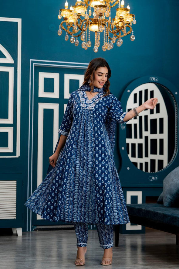 Women Indigo Blue Ethnic Motifs Printed Anarkali Kurta with Trousers & Dupatta