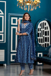 Women Indigo Blue Ethnic Motifs Printed Anarkali Kurta with Trousers & Dupatta - Frionkandy