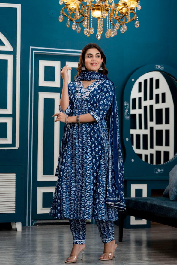 Women Indigo Blue Ethnic Motifs Printed Anarkali Kurta with Trousers & Dupatta