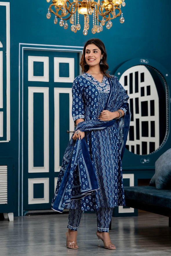 Women Indigo Blue Ethnic Motifs Printed Anarkali Kurta with Trousers & Dupatta