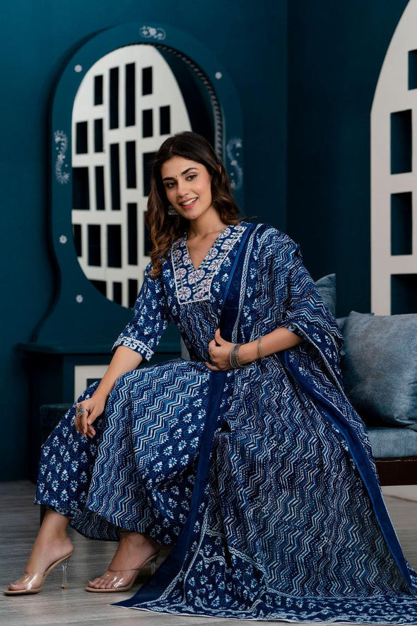 Women Indigo Blue Ethnic Motifs Printed Anarkali Kurta with Trousers & Dupatta