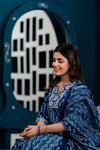 Women Indigo Blue Ethnic Motifs Printed Anarkali Kurta with Trousers & Dupatta - Frionkandy