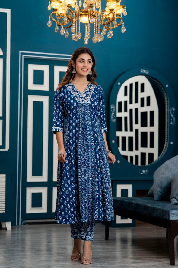 Women Indigo Blue Ethnic Motifs Printed Anarkali Kurta with Trousers & Dupatta
