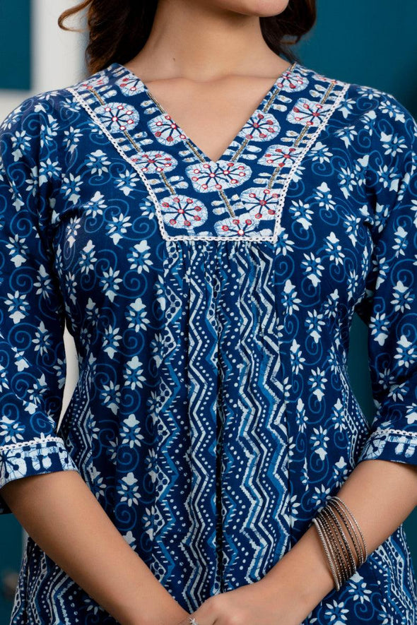 Women Indigo Blue Ethnic Motifs Printed Anarkali Kurta with Trousers & Dupatta