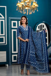 Women Indigo Blue Ethnic Motifs Printed Anarkali Kurta with Trousers & Dupatta - Frionkandy