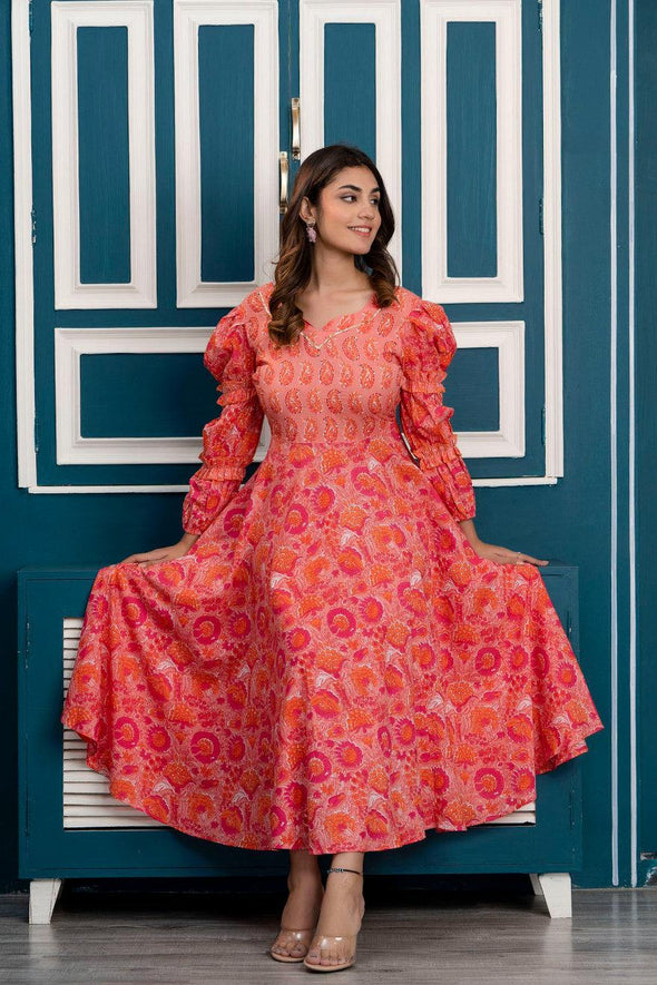 Peach Floral Print Maxi Dress with Sweetheart Neck