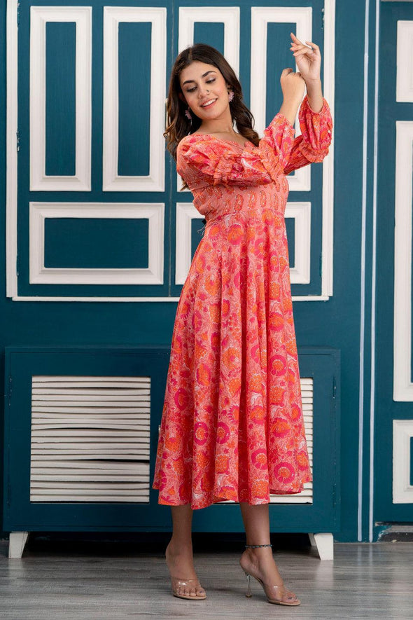 Peach Floral Print Maxi Dress with Sweetheart Neck