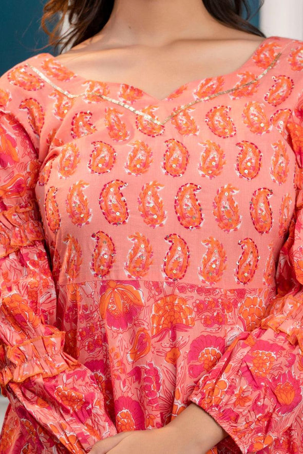 Peach Floral Print Maxi Dress with Sweetheart Neck