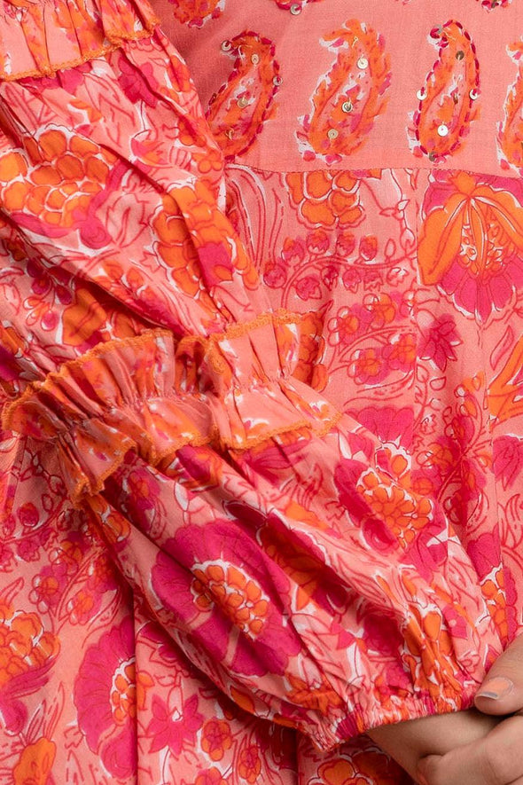 Peach Floral Print Maxi Dress with Sweetheart Neck