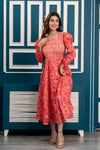 Peach Floral Print Maxi Dress with Sweetheart Neck