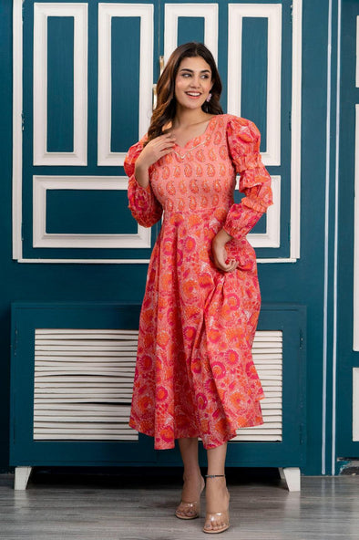 Peach Floral Print Maxi Dress with Sweetheart Neck