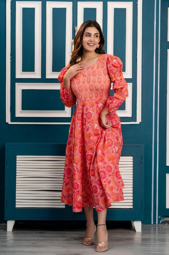 Peach Floral Print Maxi Dress with Sweetheart Neck