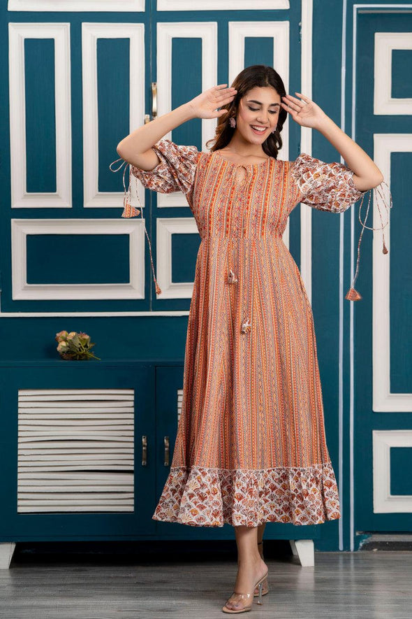 Multicolor Abstract Printed Maxi Dress with Keyhole Neck