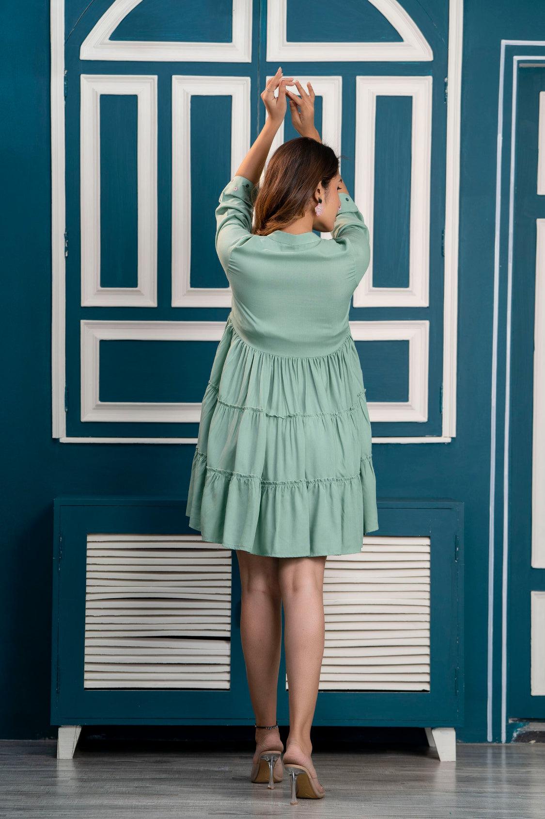 Pista Green Embroidered Mini Fit and Flare Dress Frionkandy Pista Green Embroidered Mini Fit and Flare Dress Frionkandy