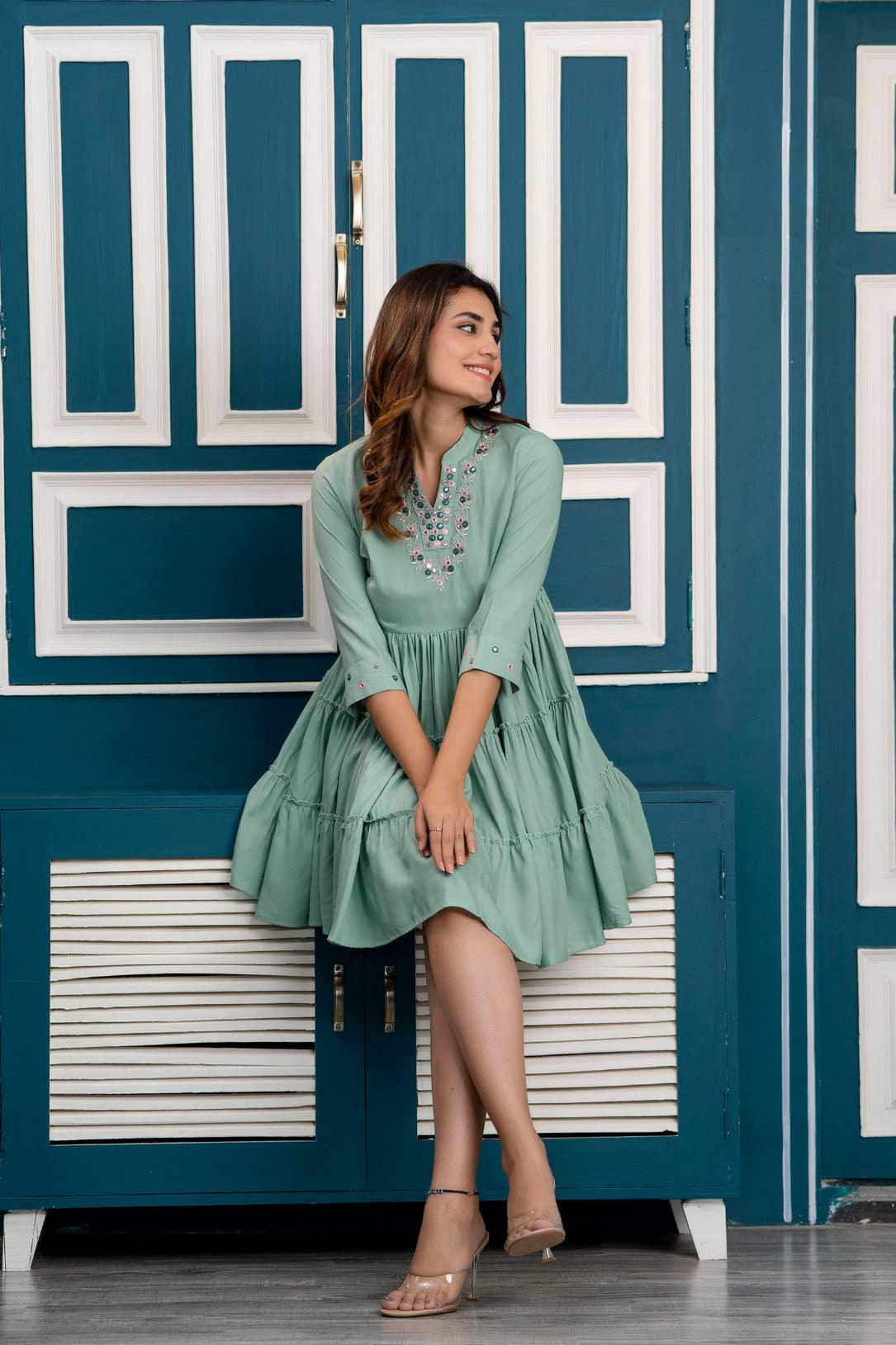 Pista Green Embroidered Mini Fit and Flare Dress Frionkandy Pista Green Embroidered Mini Fit and Flare Dress Frionkandy