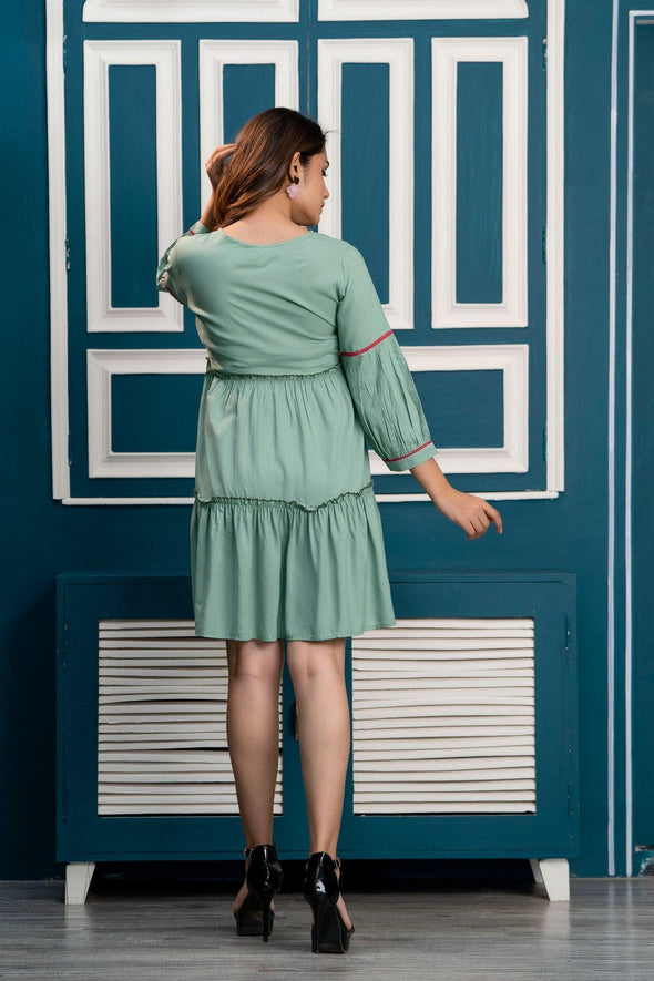 Pista Green Floral Embroidered Mini Fit and Flare Dress