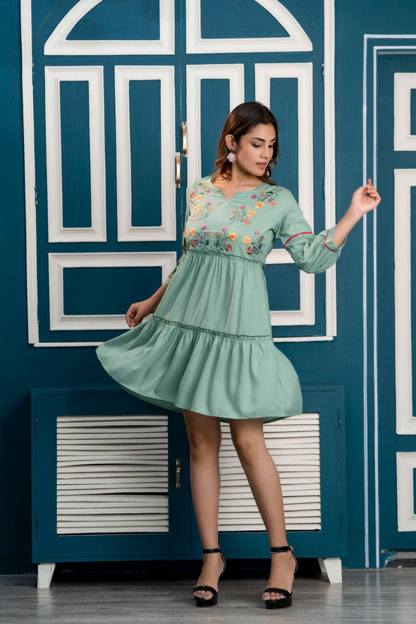 Pista Green Floral Embroidered Mini Fit and Flare Dress