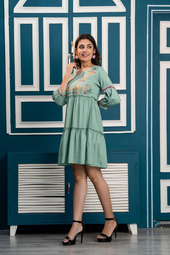 Pista Green Floral Embroidered Mini Fit and Flare Dress