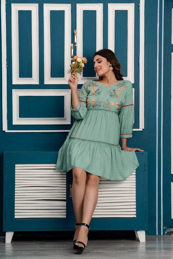 Pista Green Floral Embroidered Mini Fit and Flare Dress