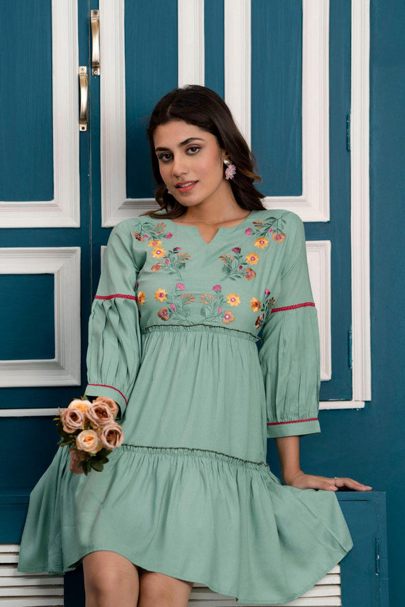 Pista Green Floral Embroidered Mini Fit and Flare Dress